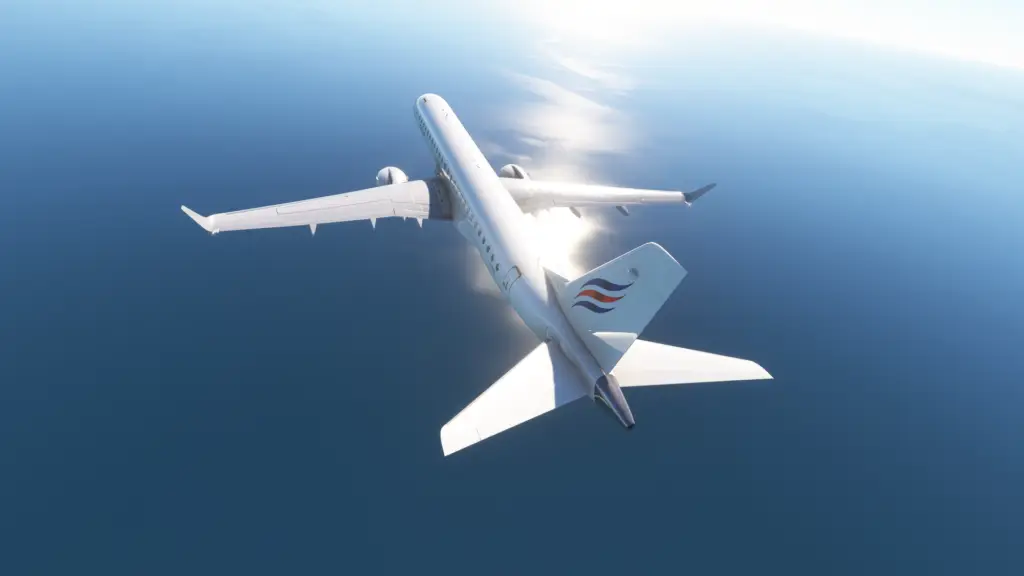 Top-down rear view of an Embraer E190 E-Jet flying gracefully over calm ocean waters, reflecting sunlight from its sleek white fuselage.
